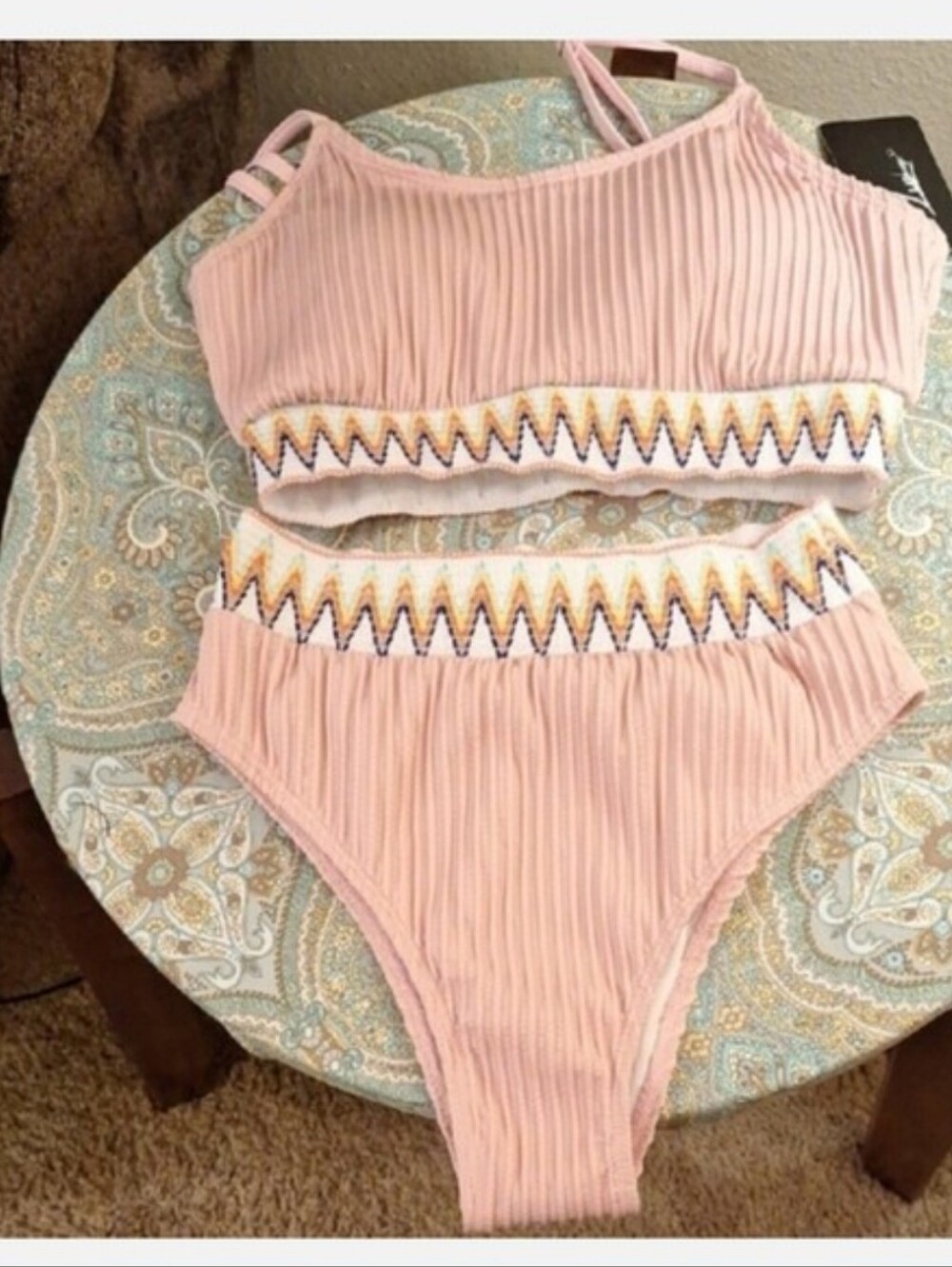 Pink/White Ribbed Bikini W/Geometric Trim. NWT Size SMALL